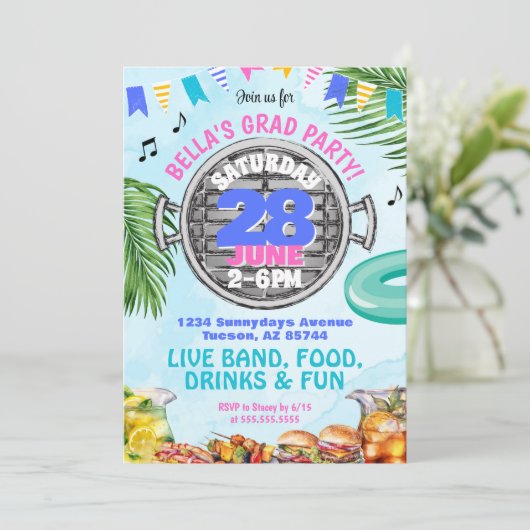 Fun High School Uni GRILLEN Pool Grad Party Einladung (Stehend Vorderseite)