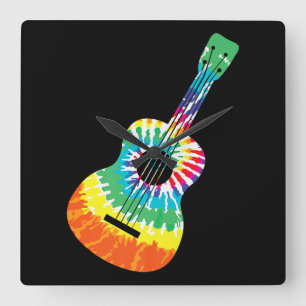 Fun Hippie Rainbow Tie Dye Acoustic Guitar Premium Quadratische Wanduhr