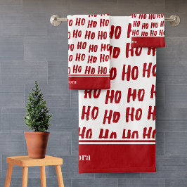Fun Ho Ho Text Red Holiday Pattern Weihnachten Badhandtuch Set