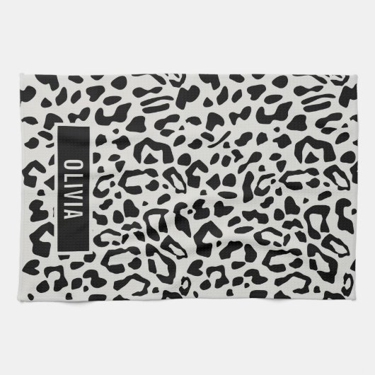 Fun Individuelle Name Snow Leopard Tierdruckmuster Geschirrtuch (Horizontal)