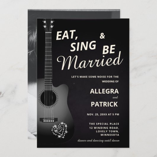 Fun Informal Guitar Diamonds Black Foto Wedding Einladung (Vorne/Hinten)
