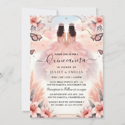 Fun Joy Lily Twin Doppel Joint Double Quinceanera Einladung (Vorderseite)
