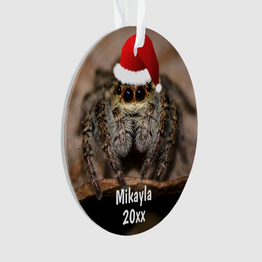 Fun Jumping Spider in der Weihnachtsmannmütze Weih Ornament (Vorderseite)