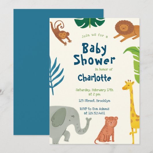Fun Jungle Animals Kinderdusche Einladung (Vorne/Hinten)