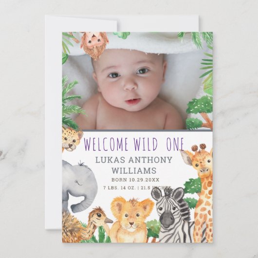 Fun Jungle Safari Animal Baby Geburtsankündigung Ankündigung (Vorderseite)