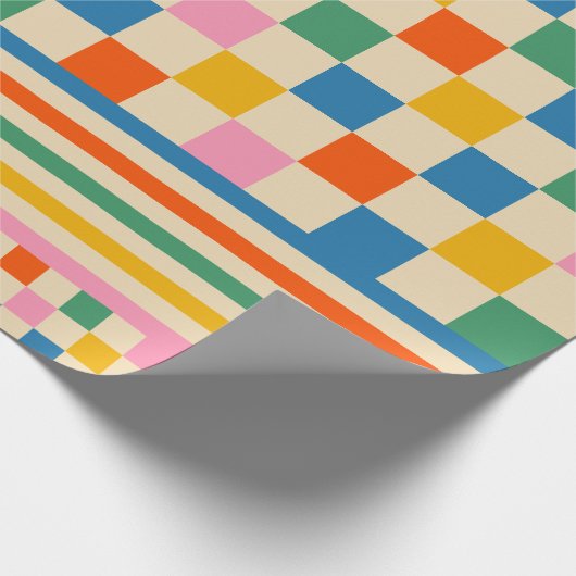 Fun Karo Farbiges Schachbrett Streifen Retro 80er  Geschenkpapier (Ecke)