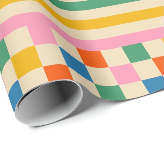 Fun Karo Farbiges Schachbrett Streifen Retro 80er Geschenkpapier (Rolleneckpunkt)