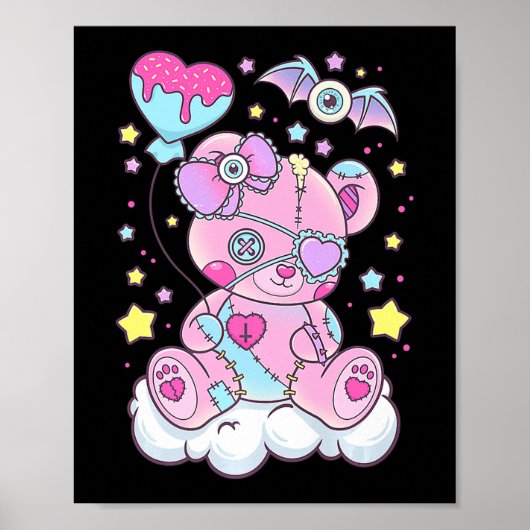 Fun Kawaii Pastel Goth Niedlicher Creepy Bär Anime Poster (Vorne)