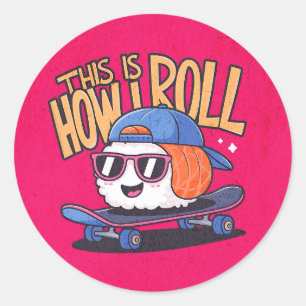 Fun Kawaii Sushi auf Skateboard Runder Aufkleber