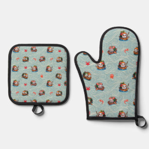 Fun Kawaii Sushi Boote gemustert Ofenhandschuh & Topflappen-Set