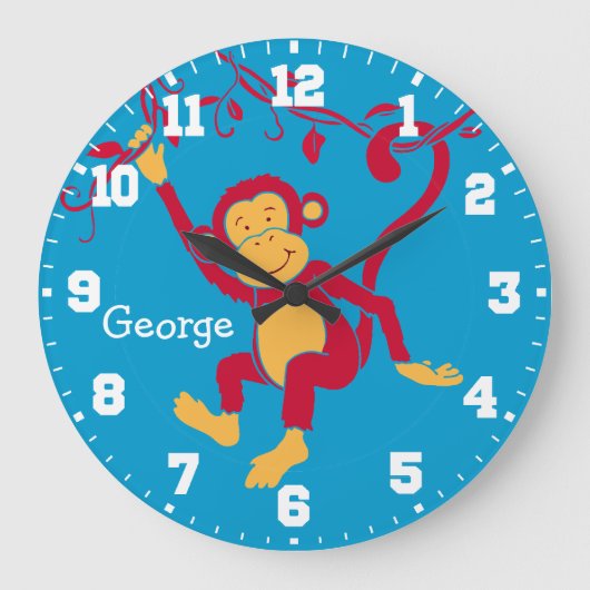 Fun kids name monkey red, blue & white wall clock große wanduhr (Vorderseite)