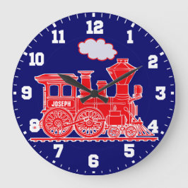Fun kids name train red and navy blue wall clock große wanduhr