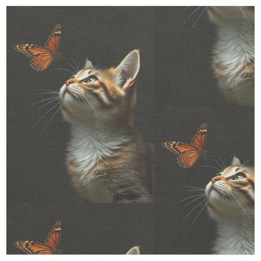 Fun Kitten Butterfly Schwarzer Hintergrund Stoff (Nahaufnahme)