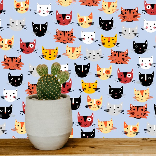 Fun Kitty Cat Blue Pattern Tapete (Fun cat faces  art wallpaper for animal lovers)