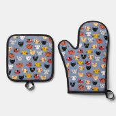 Fun Kitty Cat Pattern Blau Ofenhandschuh & Topflappen-Set (Vorderseite)