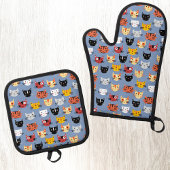 Fun Kitty Cat Pattern Blau Ofenhandschuh & Topflappen-Set