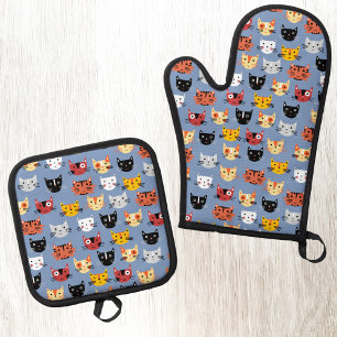Fun Kitty Cat Pattern Blau Ofenhandschuh & Topflappen-Set