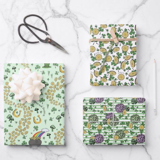 Fun Künstlerisches irisches Kleeblatt Regenbogen L Geschenkpapier Set (Vorderseite)