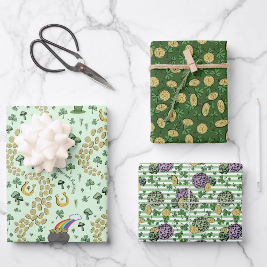 Fun Künstlerisches irisches Kleeblatt Regenbogen L Geschenkpapier Set (Vorderseite)