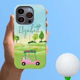 Fun Lady Golfer Pink Cart Clubs Monogram Name iPhone 16 Pro Hülle