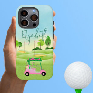 Fun Lady Golfer Pink Cart Clubs Monogram Name iPhone 16 Pro Hülle