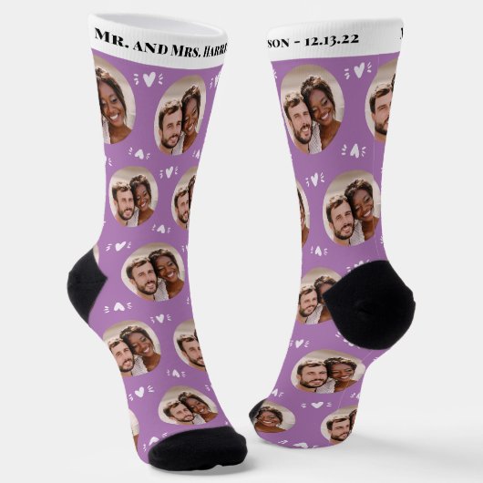 Fun Lavender Newlyweds Foto Pattern Wedding Socken (Gewinkelt)