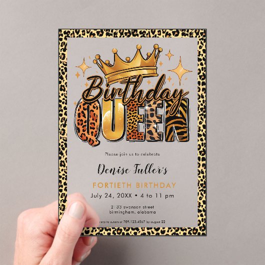 Fun Leopard Birthday Queen Forty Birthday Acryleinladungen (Insitu (Handheld))