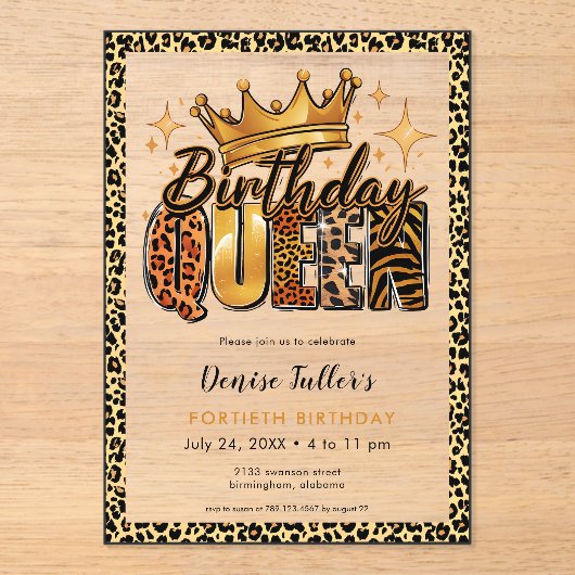 Fun Leopard Birthday Queen Forty Birthday Acryleinladungen (Vorderseite)