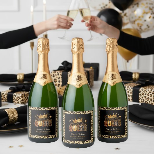 Fun Leopard Birthday Queen Sixty Birthday Schaumweinetikett
