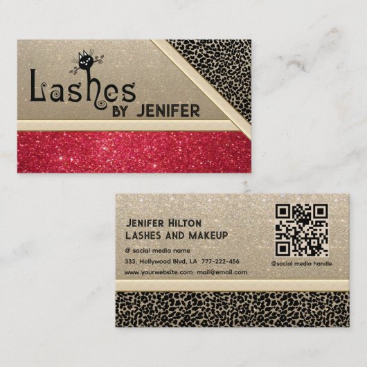 Fun leopard glitterte schwarze Katze strickt QR-Co Visitenkarte (Vorne/Hinten)