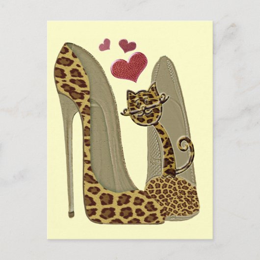 Fun Leopard Stiletto und Cat Postkarte (Vorderseite)