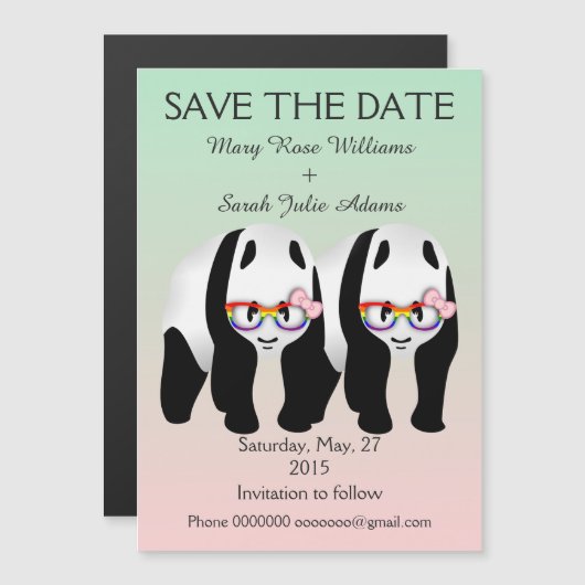 Fun Lesbian Panda Bears Hochzeit speichern das Dat Magneteinladung (Vorne/Hinten)