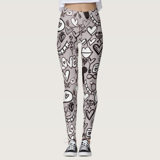 Fun Liebe Hört Lips Doodle Comic Stil gedruckt Leggings (Vorderseite)