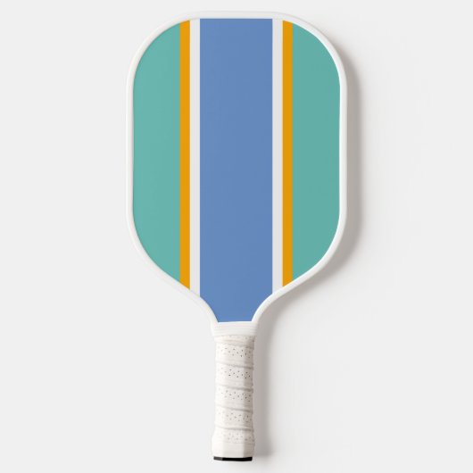 Fun Light Blue Aqua Weiße gelbe Racing Streifen Pickleball Schläger (Rückseite)