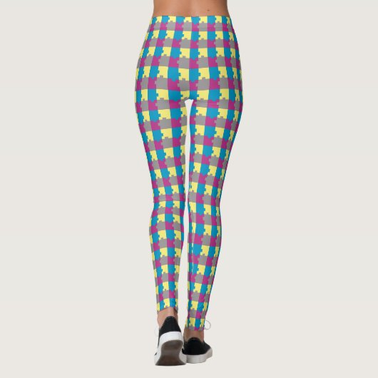 FUN Lila blaugelbes, graues Puzzle-Muster Leggings (Rückseite)