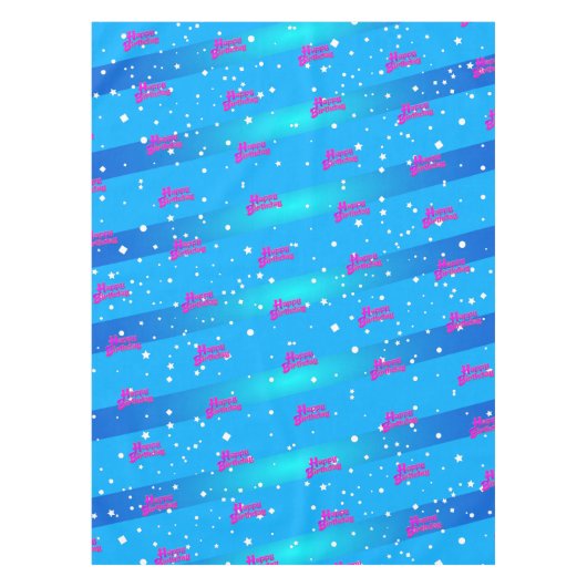 Fun Lila Happy Birthday Grafik auf Blue Tischdecke (Vorderseite)