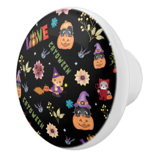 Fun Lila Hat Catoween, Niedlich Orange Pumpkin Keramikknauf