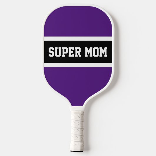 Fun Lila Schwarz-weiße Streifen Text "SUPER MAMA" Pickleball Schläger (Rückseite)