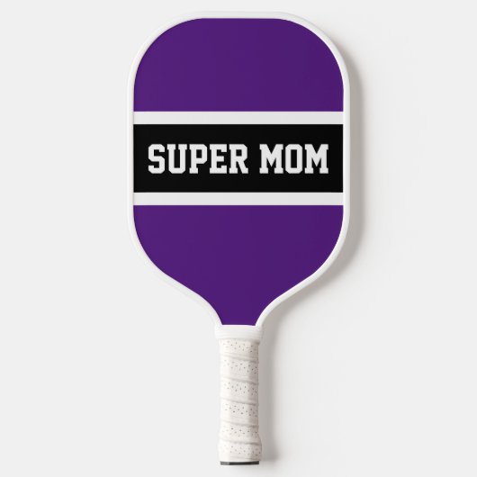 Fun Lila Schwarz-weiße Streifen Text "SUPER MAMA" Pickleball Schläger (Vorderseite)