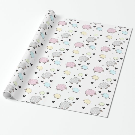 Fun Little Sheep & Hearts Muster Geschenkpapier (Ungerollt)