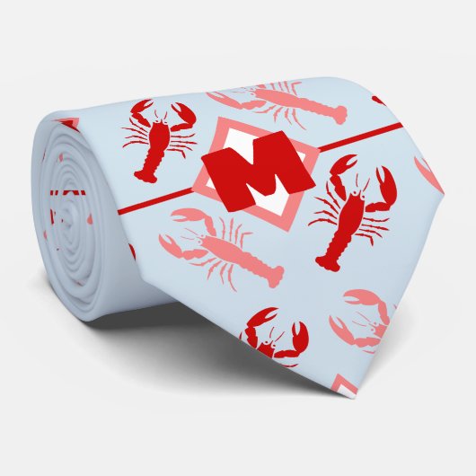 Fun Lobster & Red Monogram Nautical Pattern Krawatte (Gerollt)