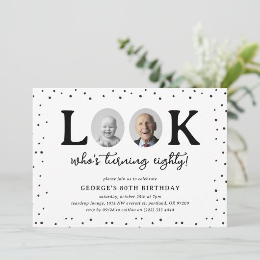 Fun Look's Who's 80' 2 x photo 80th Birthday Einladung (Stehend Vorderseite)