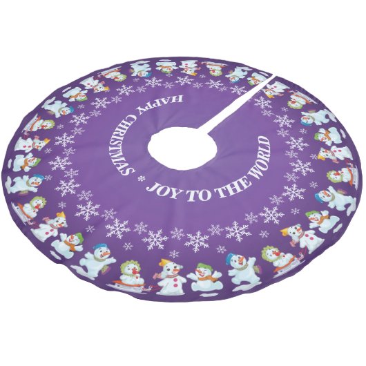 Fun Love Snowmen und Schneeflocken Lila Polyester Weihnachtsbaumdecke (Schrägansicht)