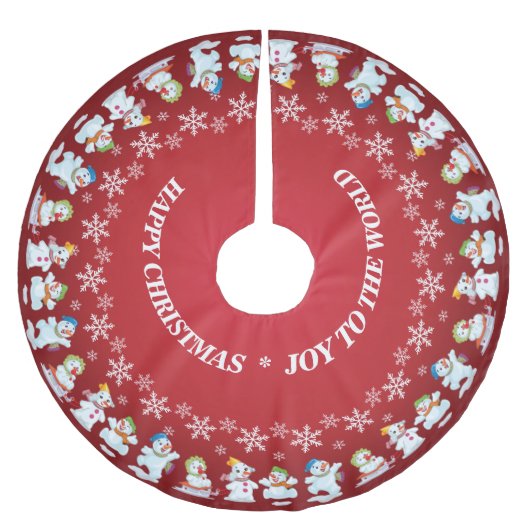 Fun Love Snowmen und Schneeflocken Rot Polyester Weihnachtsbaumdecke (Vorderseite)