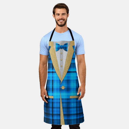 Fun Madras Gold Glitzer Tuxedo mit Blue Bow Krawat Schürze (Getragen)