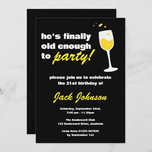 Fun Man's Black 21. Geburtstag Einladung (Vorne/Hinten)