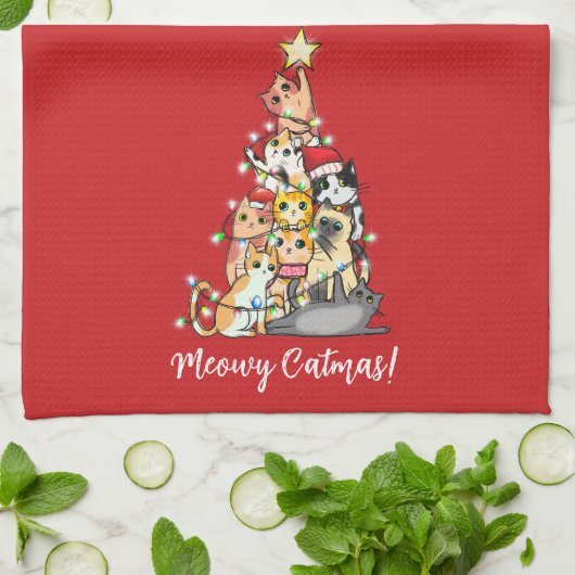 Fun Meowy Catmas Katzen Weihnachtsbaum Custom Geschirrtuch (Gefaltet)