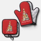Fun Meowy Catmas Katzen Weihnachtsbaum Custom Ofenhandschuh & Topflappen-Set (Vorderseite/Rückseite)