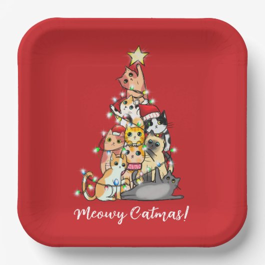 Fun Meowy Catmas Katzen Weihnachtsbaum Custom Pappteller (Vorderseite)