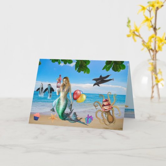 Fun Mermaid auf der Beach Birthday Card Karte (Gelbe Blume)